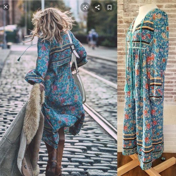 Gypsy Bohemian Turquoise Maxi Dress Folk Town - Picture 5 of 7